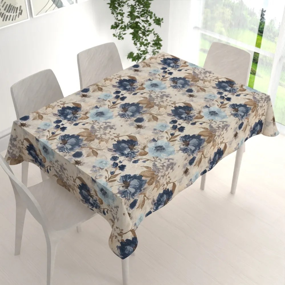 Biante Dekoračný obdĺžnikový obrus Parma PM-113 Modré kvety na smotanovom 50x100 cm