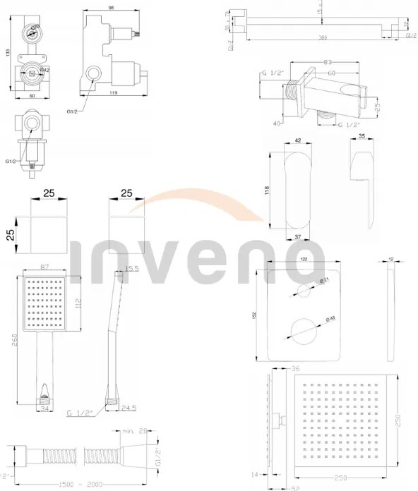 Invena Siros, podomietková sprchová sada s dažďovou hlavovou sprchovou 25x25 cm a ručnou hlavicou, chrómová, INV-BS-90-0K2-A