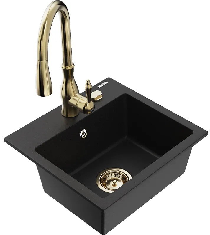Mexen Milo, 1-komorový granitový drez 435x410x171 mm a drezová batéria Savita, čierna, 6505-77-672601-50