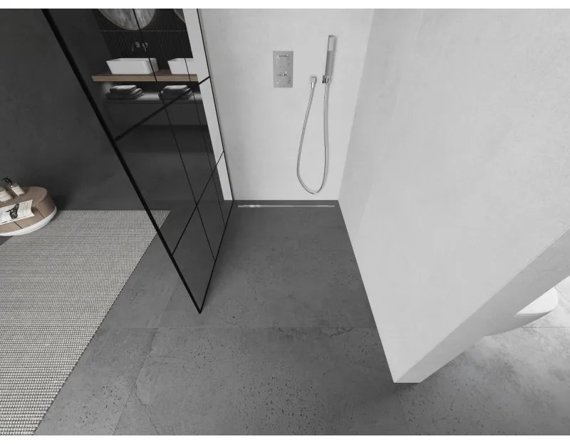 Mexen Kioto L, sprchová zástena Walk-In 110 x 200 cm, 8mm číre sklo čierny vzor, brúsená oceľ profil, 800-110-103-97-77