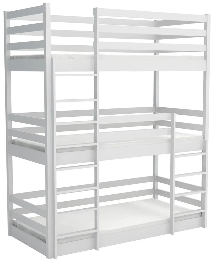 Detská trojposchodová posteľ z masívu borovice ARIZONA - 200x90 cm - BIELA