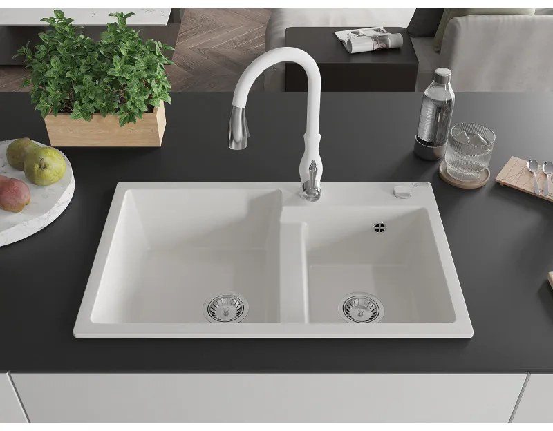 Mexen Tomas, granitový drez 800x500x190 mm, 2-komorový a drezová batéria Savita, biela, 6516-20-672601-20