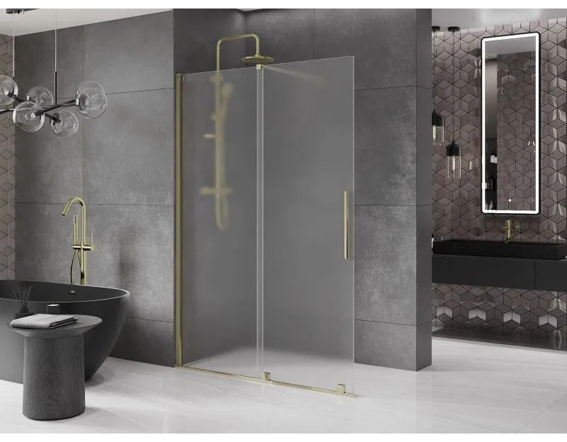 Mexen Velar, sprchová zástena s posuvnými dverami Walk-in 140 x 200 cm, 8mm sklo námraza, zlatá lesklá, 871-140-000-33-50