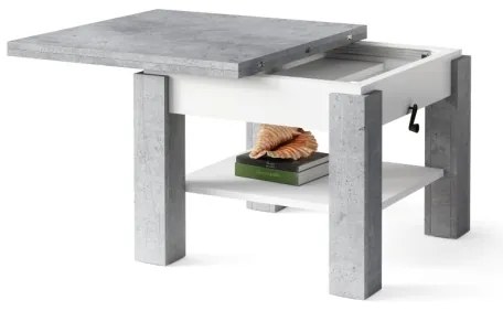 Rozkladací konferenčný/jedálenský stôl so zdvíhacou doskou CALEB sivý betón/biela