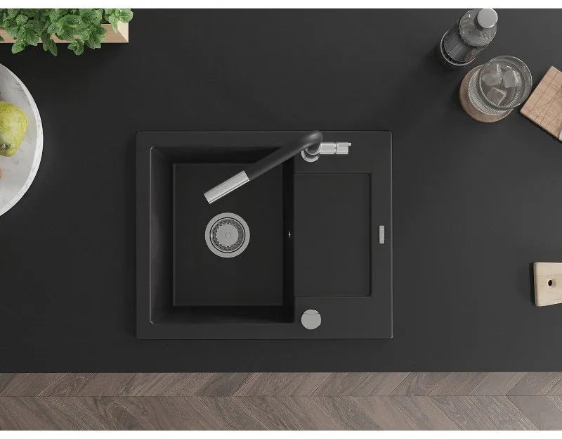 Mexen Enzo, 1-komorový granitový drez 576x465x174 mm a drezová batéria Flora, čierna, 6506-77-670401-07