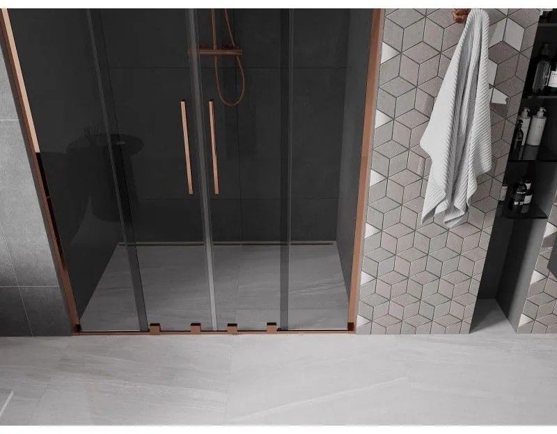 Mexen Velar L Duo, posuvné sprchové dvere do otvoru 150 cm, 8mm šedé sklo, ružové zlato, 871-150-003-42-60