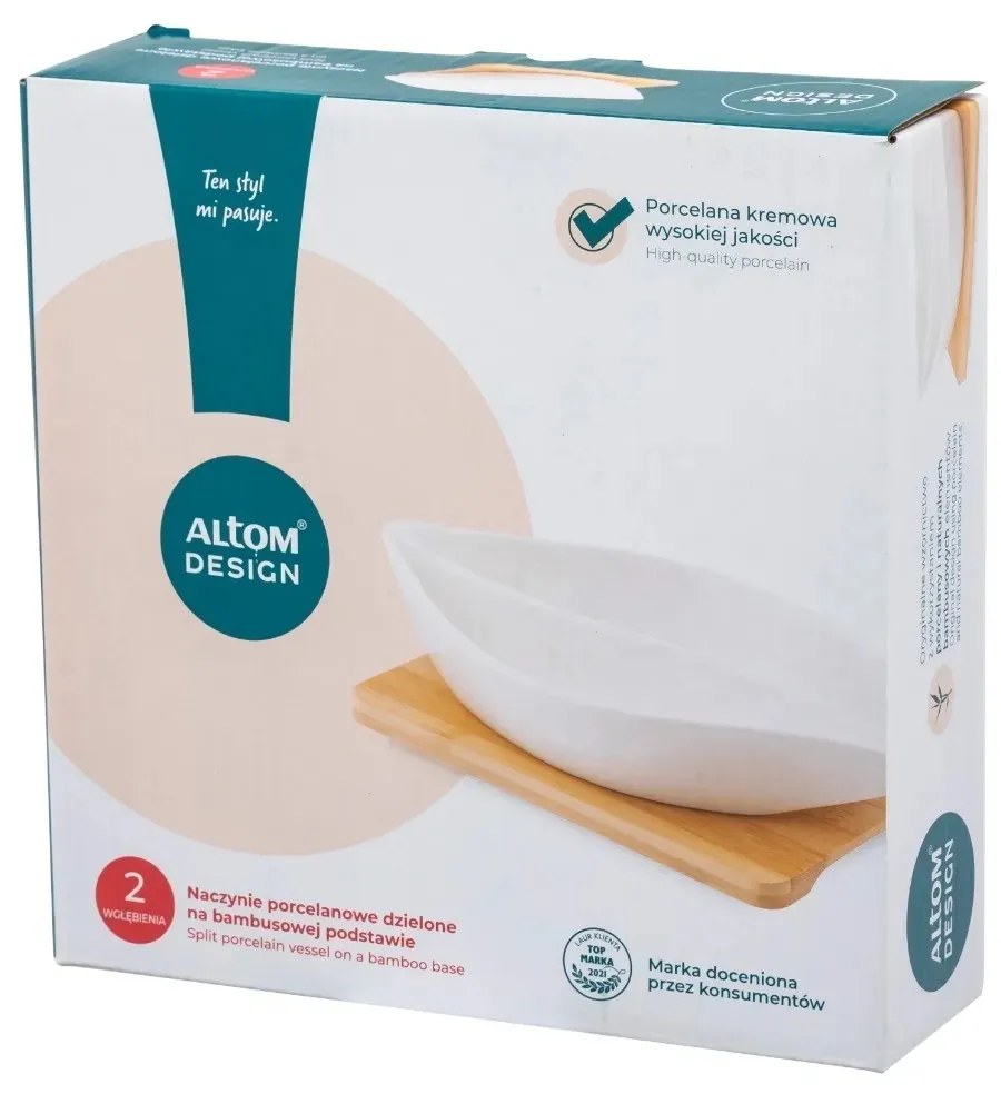 Altom Porcelánová delená miska na bambusovom podnose, 26 x 14 x 5 cm
