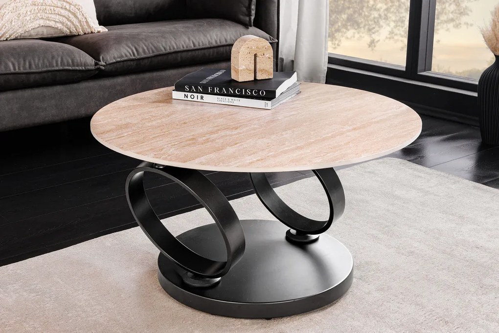 Konferenčný stolík DANCING RINGS 80-135 cm otočný keramický vrch s prírodným travertínom a hrdzavým vzhľadom