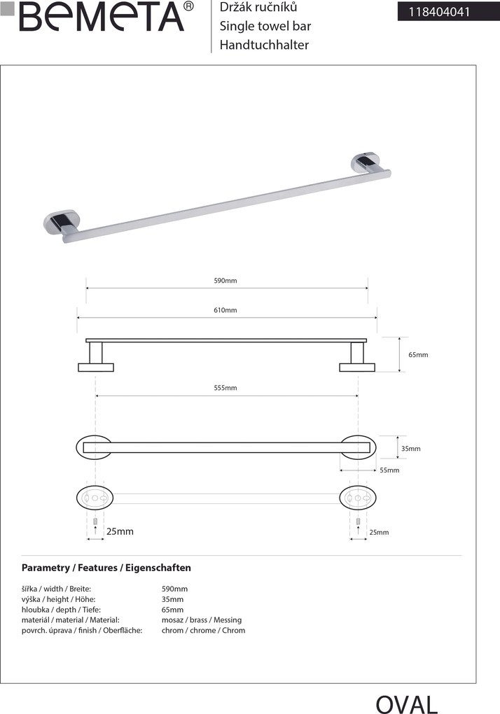 Bemeta Design OVAL: Držiak uterákov, 560 mm - 118404041