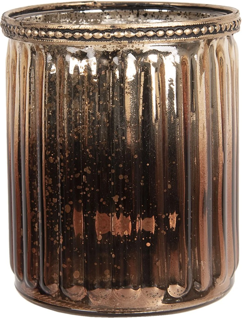 Hnedý sklenený svietnik na čajovú sviečku s kovovým zdobením -  Ø 10*11 cm