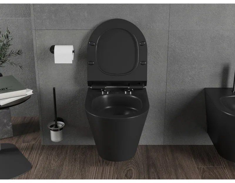 Mexen Rico, závesná WC misa 490x360x370 mm, Rimless Tornádo + WC sedadlo z duroplastu, čierna matná, 30720185T