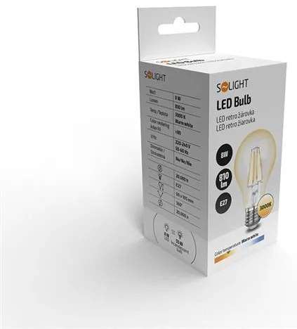 SOLIGHT LED Filament žiarovka číra A60 8W E27 3000K 360° 810lm