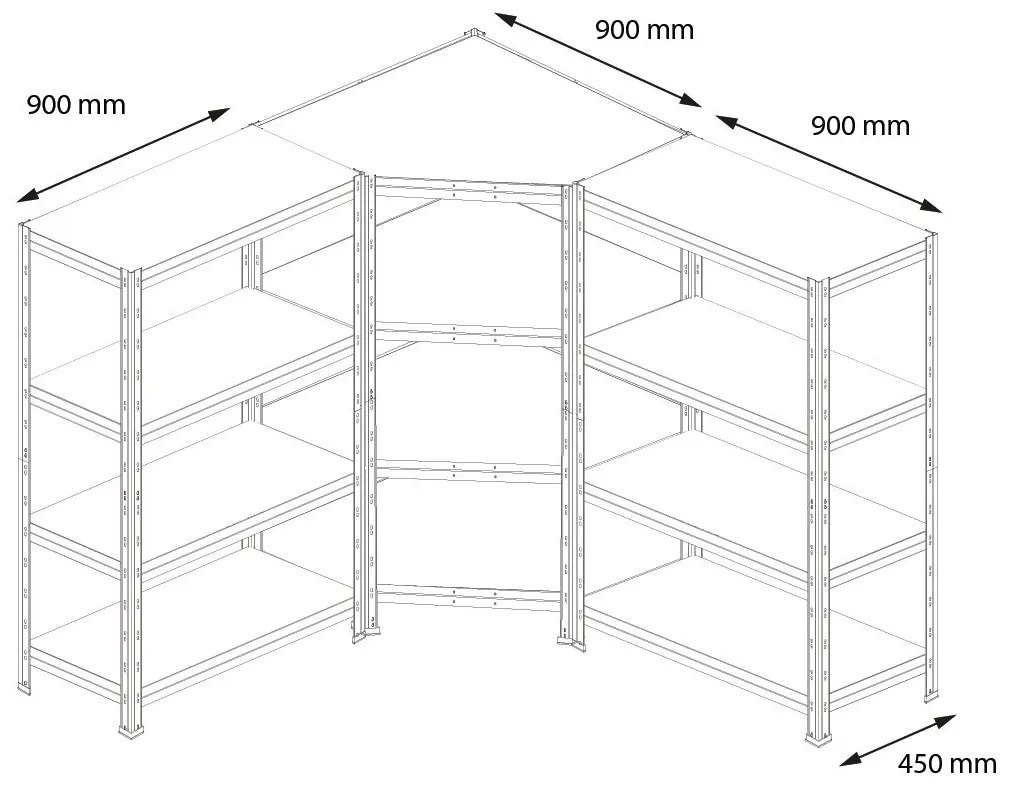 Bezskrutkový kovový regál RIVET CORNER PACK 180x180x180x45 cm, 4x HDF polica, antracitová sivá