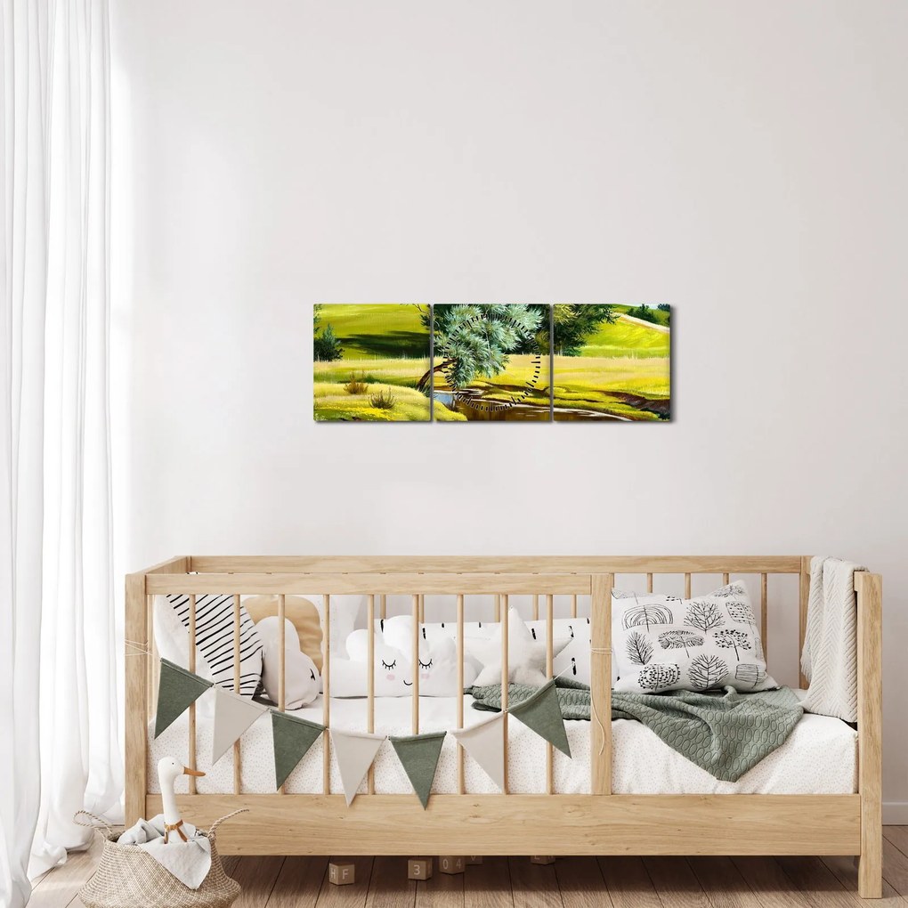 Obraz - Rieka medzi lúkami, olejomaľba (s hodinami) (90x30 cm)