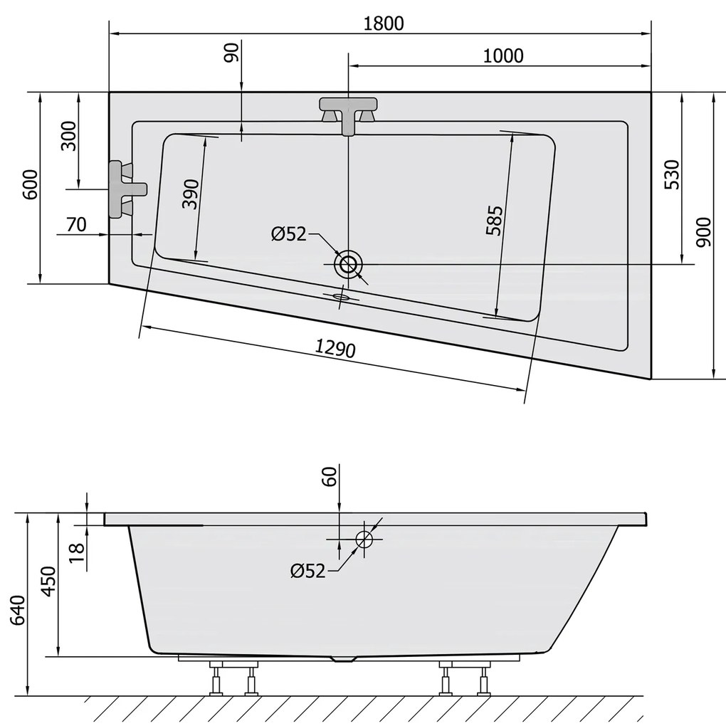 Polysan Polysan, ANDRA R SLIM asymetrická vaňa 180x90x45cm, biela, 78771S