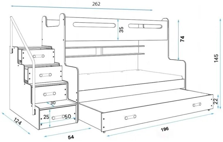Poschodová posteľ s prístelkou MAX 3 rozšírená 200x120cm - biela - grafitová