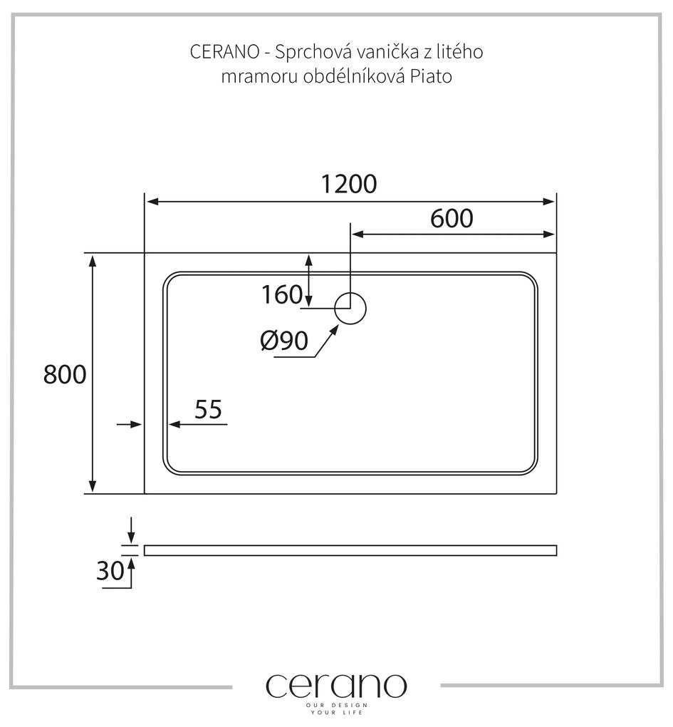Cerano Piato, obdĺžniková sprchová vanička z liateho mramoru 120x80x3 cm, biela matná, CER-CER-476972