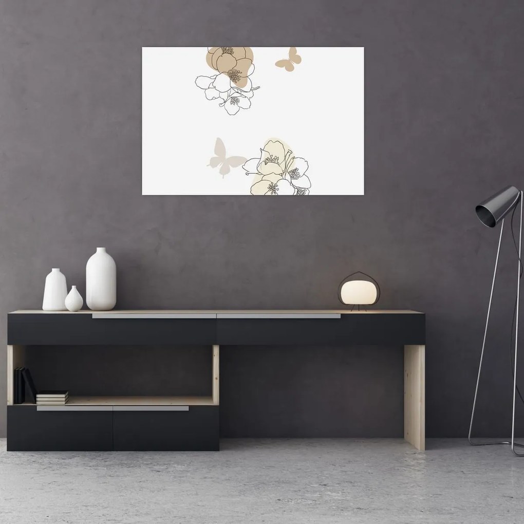 Obraz - Béžové kvety s motýľom N⁰2 (90x60 cm)