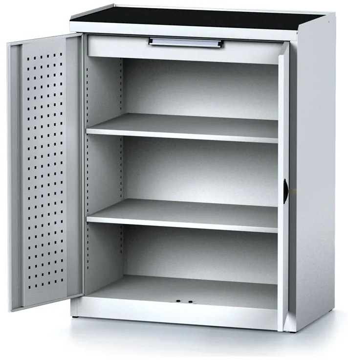 Policová dielenská skriňa 2-dverová MECHANIC, 2 police, 1 zásuvka, 920 x 500 x 1170 mm, sivé dvere