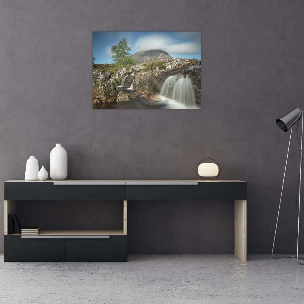 Sklenený obraz vodopádov a hory (70x50 cm)