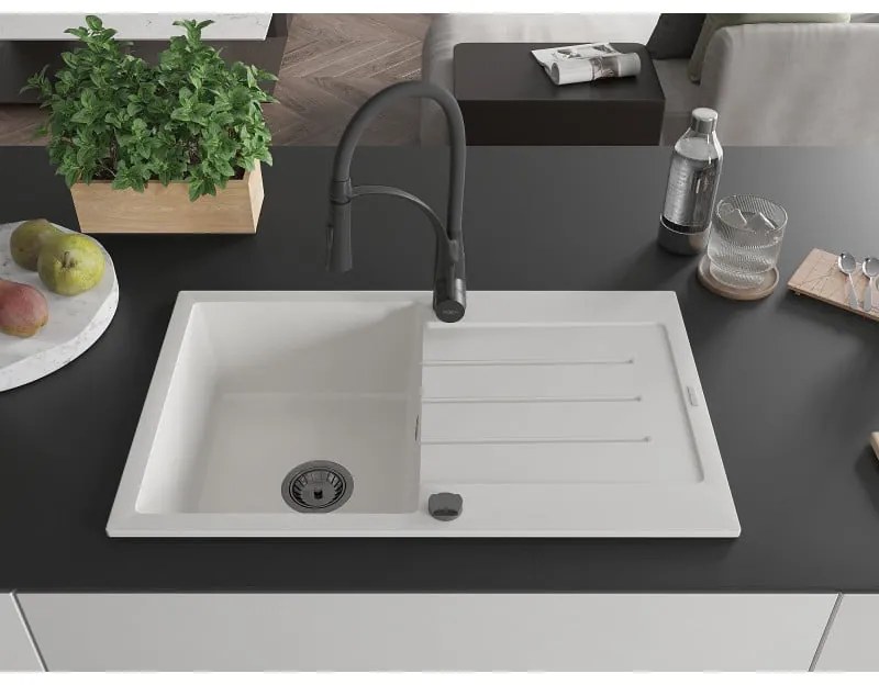 Mexen Bruno, 1-komorový granitový drez 795x495x200 mm a drezová batéria Aster, biela, 6513-20-73450-70-B