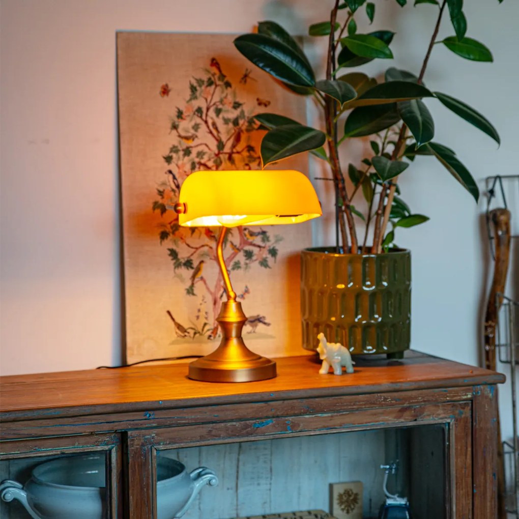 Klasická notárska lampa bronzová s jantárovým sklom - Banker