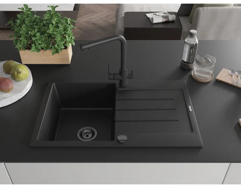 Mexen Bruno, 1-komorový granitový drez s odkvapkávačom 795x495x200 mm a čierna batéria Duero, čierna, 6513-77-671600-70-B