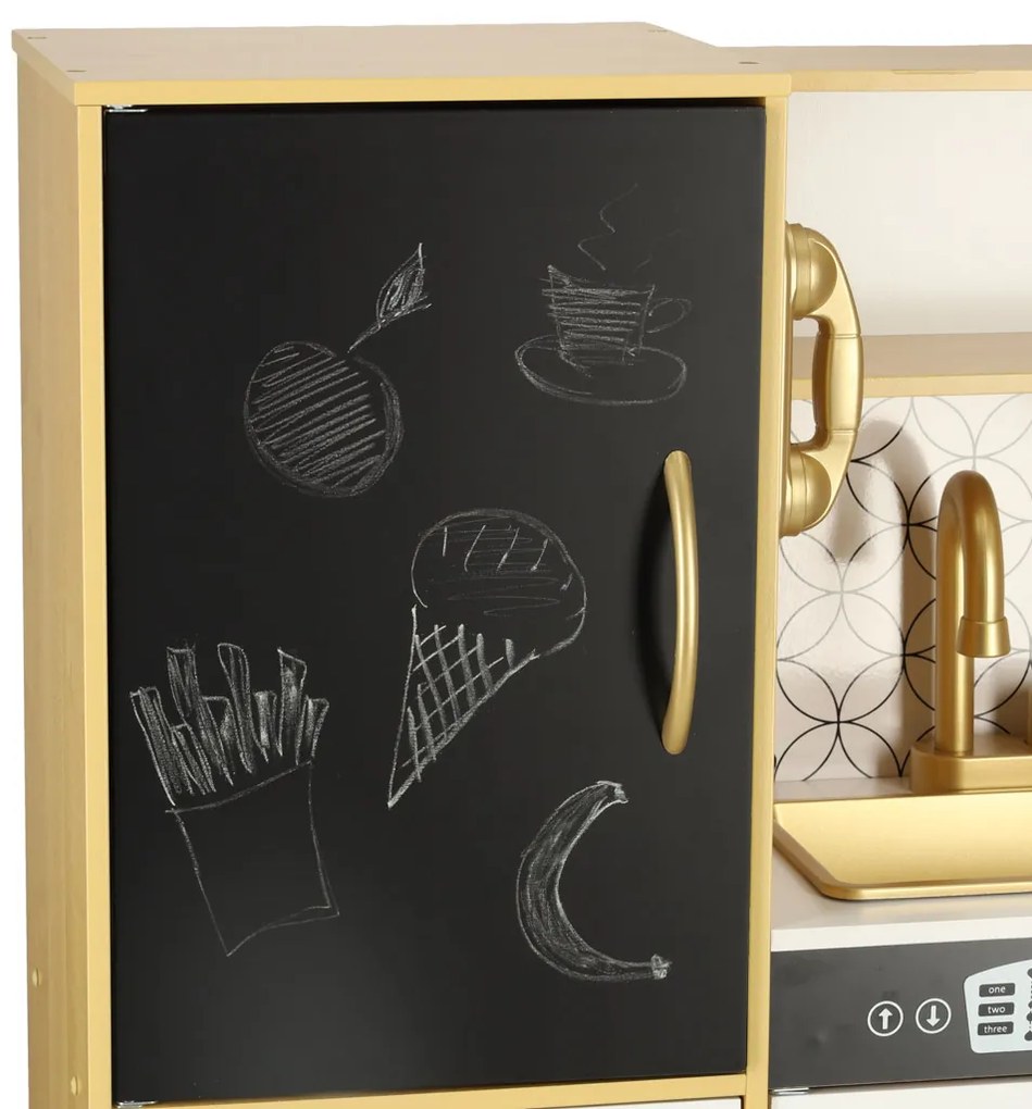 KIK Detská drevená kuchynka so svetlom a zvukom, chladnička, zlatá, 3+