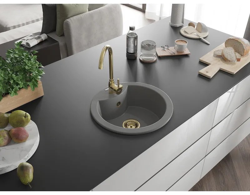 Mexen Diego, granitový drez 488x488x167 mm, 1-komorový, šedá so zlatým sifónom, 6512481000-71-G