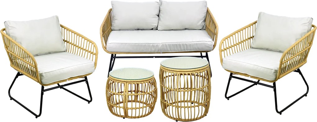 Garden Line ZÁHRADNÝ NÁBYTOK (SOFA, 2 STOLIČKY, 2 STOLY) - HNEDÁ, VANKÚŠE - ŠEDÁ *7534