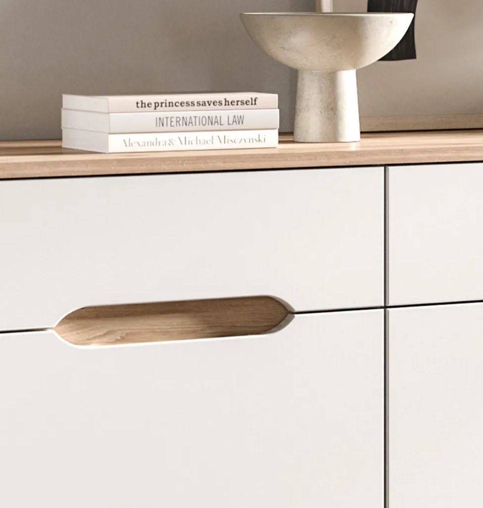 Široká komoda Scandi, biela/dub nox