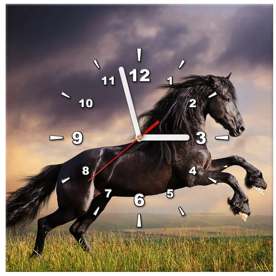 Gario Obraz s hodinami Silný čierny kôň Rozmery: 100 x 40 cm