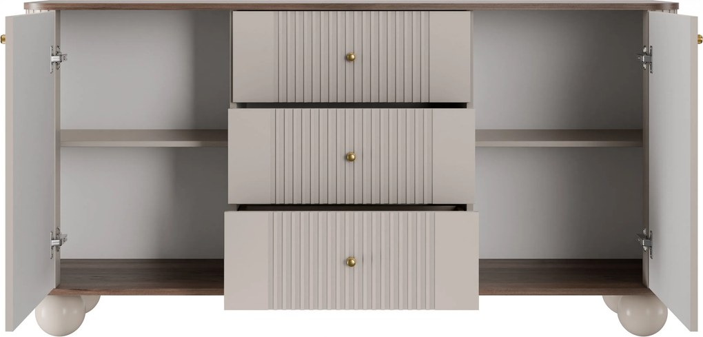 Komoda so zásuvkami Vesper 160 cm - kašmír / orech / zlaté úchytky / guľové nohy
