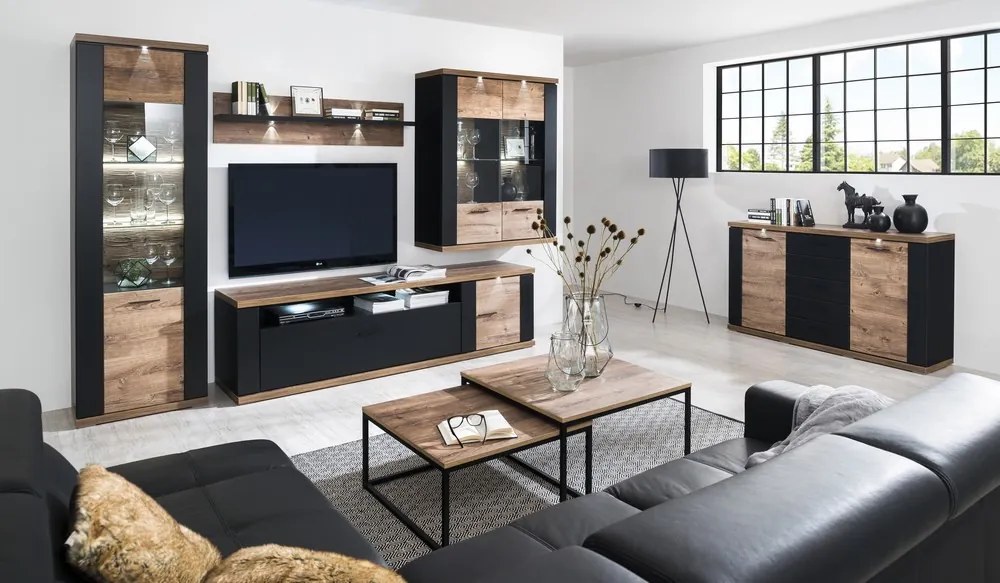 Obývacia stena Boston, čierna/dub ribbeck, s osvetlením