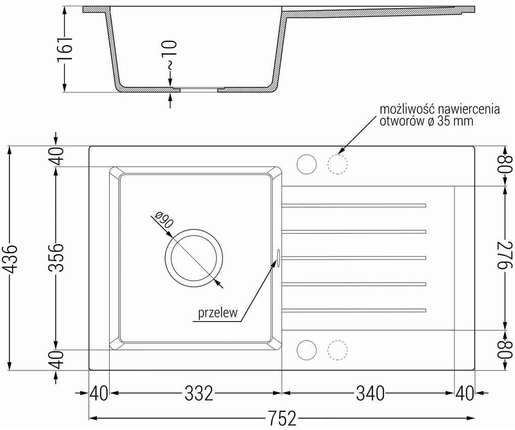 Mexen Pablo, granitový drez 752x436x161 mm, 1-komorový, šedá s čiernym sifónom, 6510751010-71-B