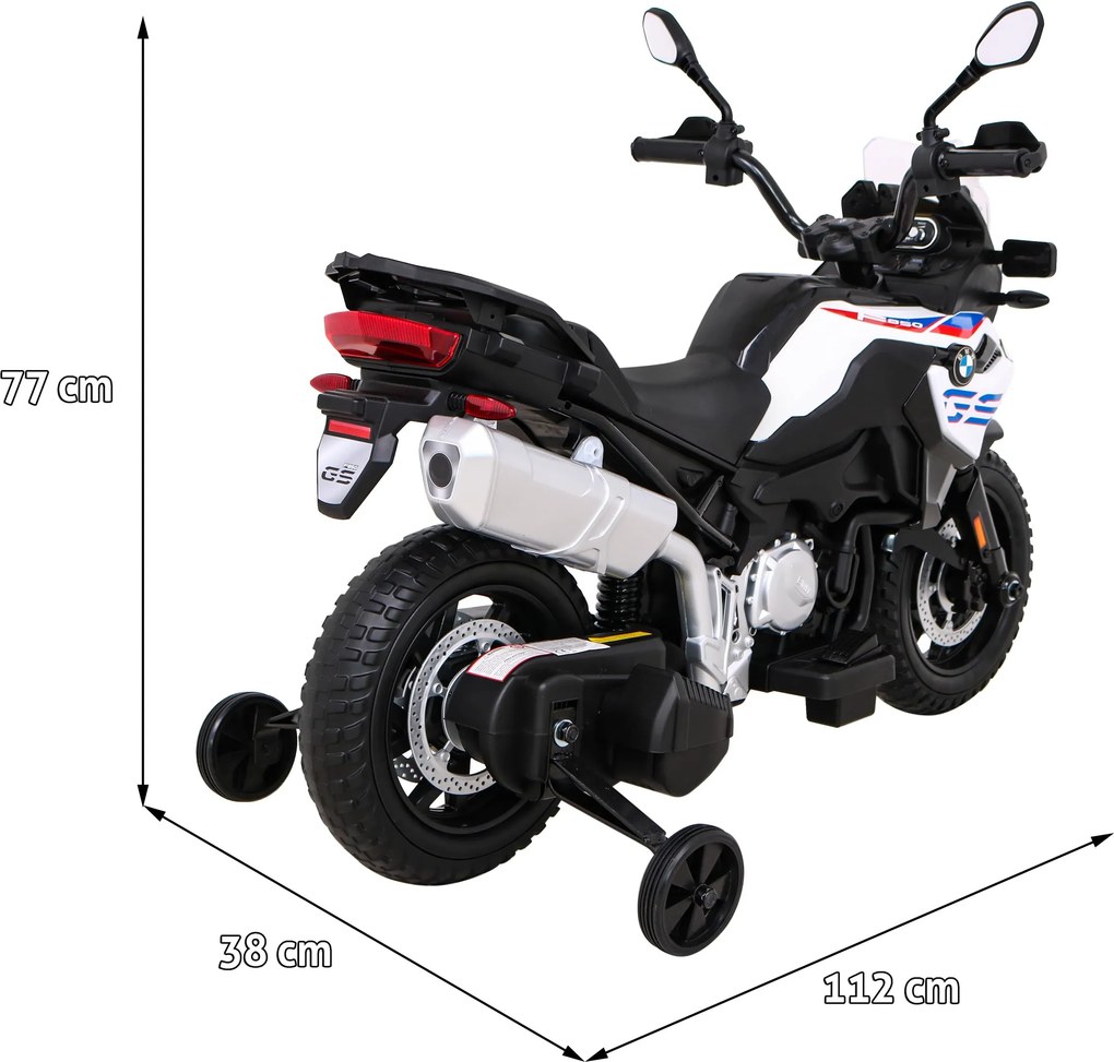 Ramiz BMW F850 GS Detský motocykel na batérie biely + asistenčné kolesá + LED audio + pomalý štart + EVA