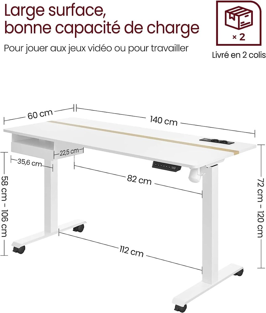 Výškovo nastaviteľný kancelársky stôl, elektrický, so zásuvkou, 72-120x140x60cm, biely