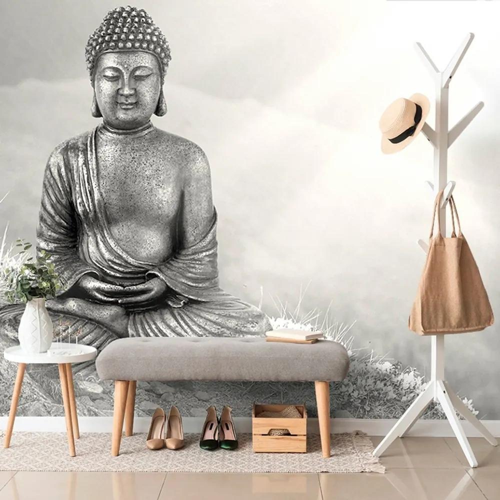 Samolepiaca tapeta čiernobiely Budha v meditujúcej polohe - 450x300