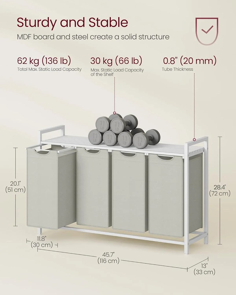 VASAGLE 4-kôšový prádlový kôš 4 × 40 L, 116 × 33 × 72 cm, krémovo biely a matne biely