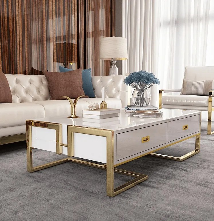 ELEGANTNÝ KONFERENČNÝ STOLÍK KAREN BIELÝ LESK + ZLATÝ