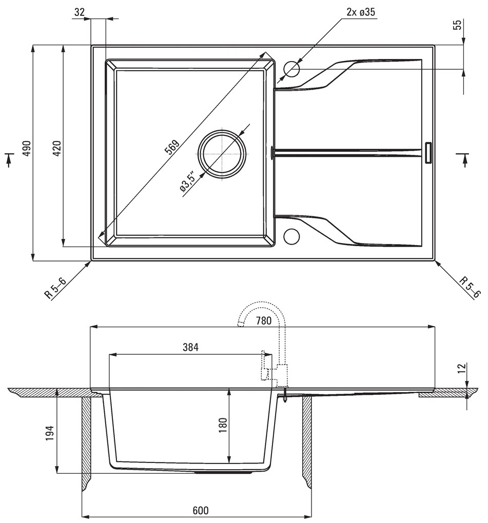 Deante Andante Flush, granitový drez 780x490x194 mm, 3,5" + priestorovo úsporný sifón, 1-komorový, biela, ZQN_T513