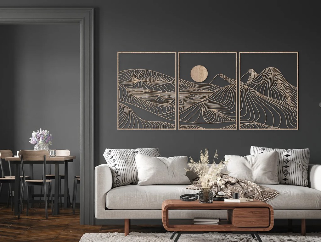 drevko 3-dielny lineart obraz Hory a slnko Rozmer obrazu: 52 x 120 cm, Farba dekorácie: Čierna