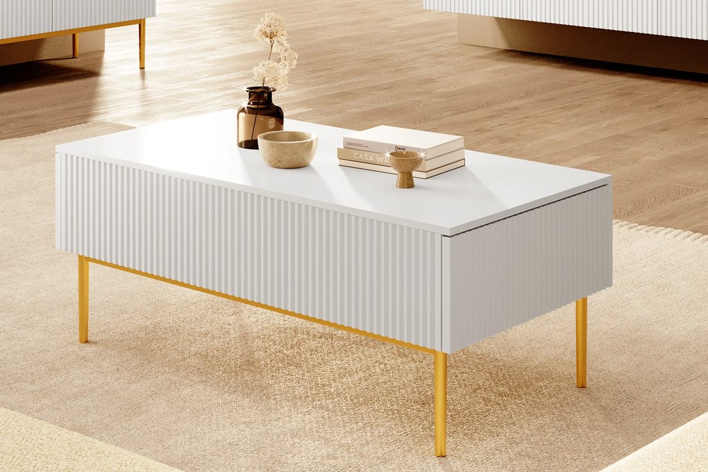 Konferenčný stolík Nicole 120 cm - biely mat / zlaté nožičky