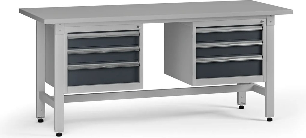 Výškovo nastaviteľný dielenský stôl G5, 1800 x 750 x 800-1000 mm, 2x kontajner, 6 zásuviek, grafit