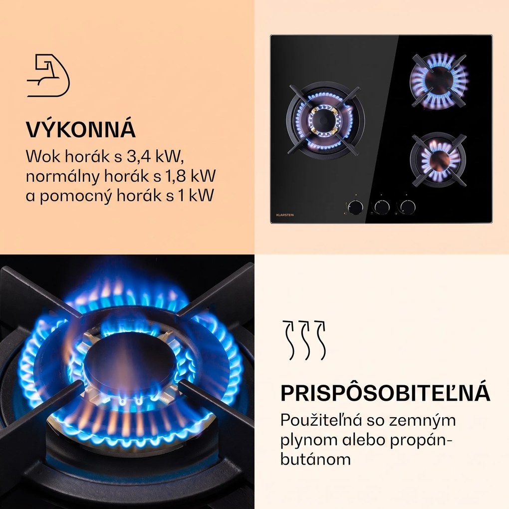 Klarstein Goldflame 3, plynová varná doska, 3 Messing horáky, sklokeramika