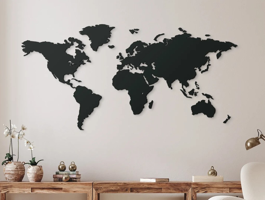 drevko Mapa sveta na stenu Rozmer obrazu: 42 x 86 cm, Farba dekorácie: Čierna