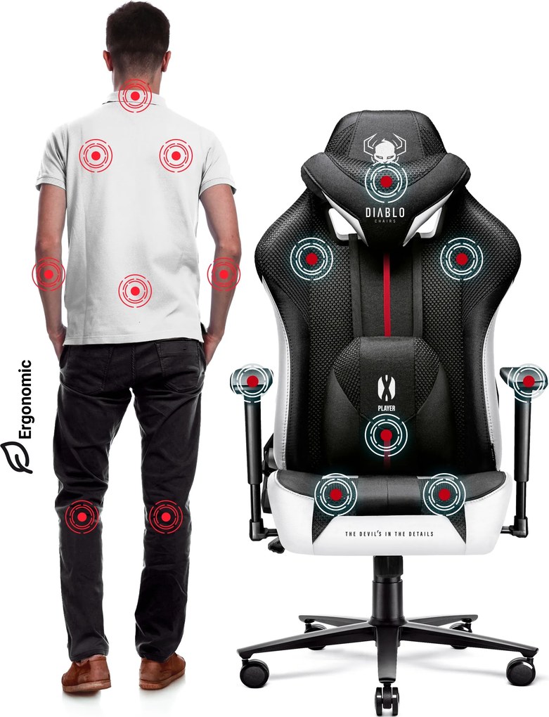Herné kreslo s látkovým poťahom, veľkosť King Size, bielo-čierne: Diablo X-Player 2.0