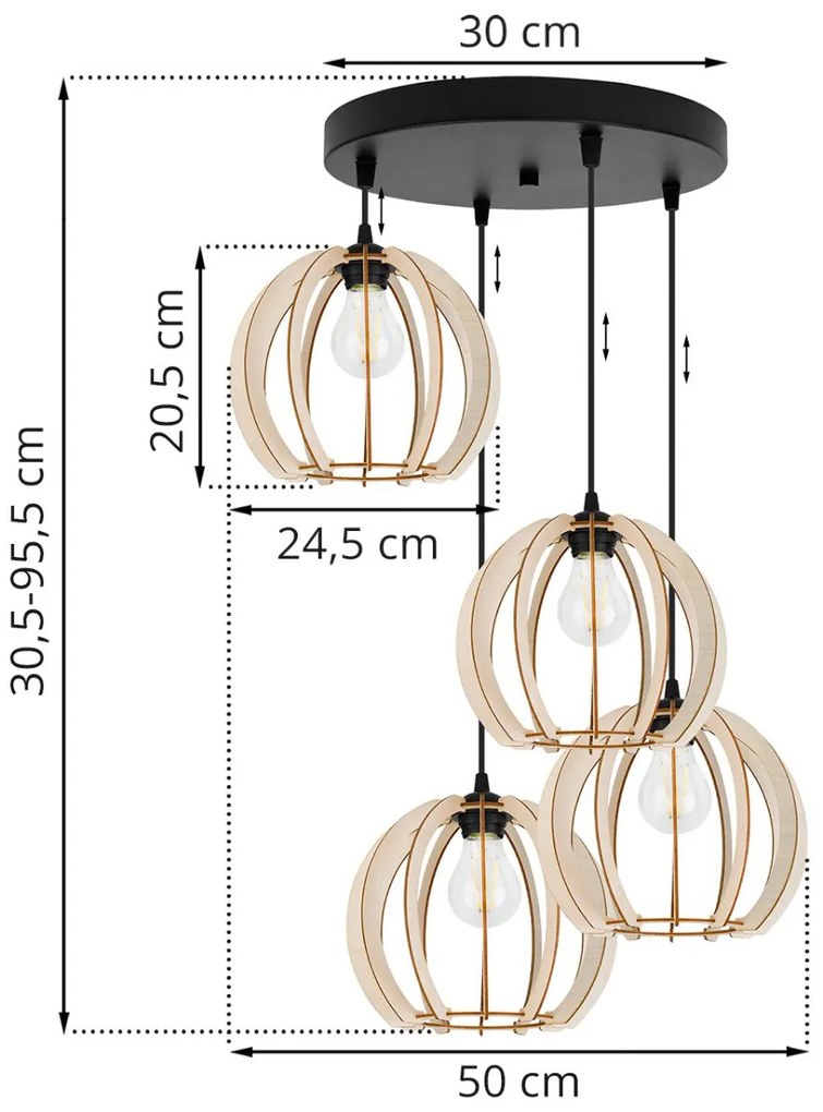 Závesné svietidlo Timber 9, 4x drevené tienidlo, o