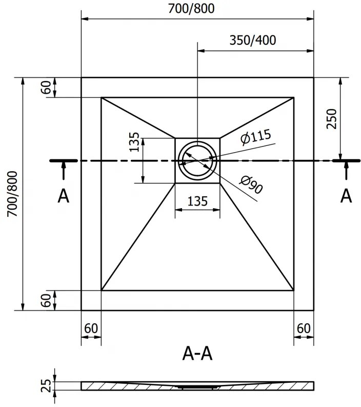 Mexen Stone+, štvorcová vanička z minerálneho kompozitu 80 x 80 cm, čierna, čierna krytka, 44708080-B