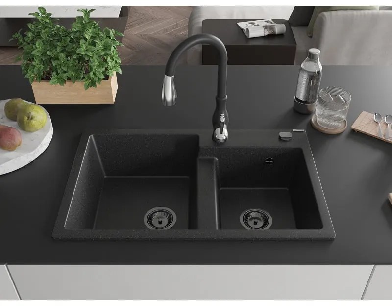 Mexen Tomas, granitový drez 800x500x190 mm, 2-komorový a drezová batéria Savita, čierna-strieborná metalíza, 6516-73-672601-70-B